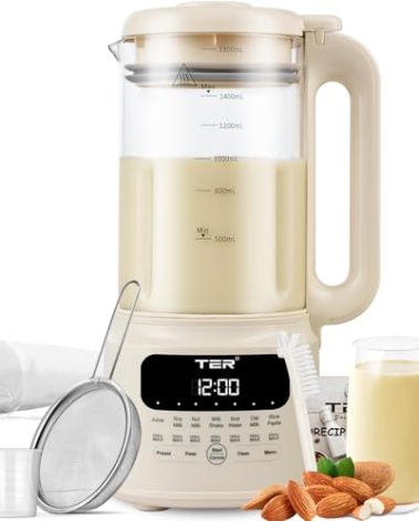 TER Nut Milk Maker Machine, 10-in-1 Soy Milk Maker for Almond/Oat/Soy Milk, Juice, Milkshake, Rice Paste, Auto Clean/24H Preset Time/12H Keep Warm, with 7 Accessories, Beige