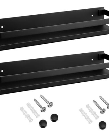 Lallisa 2 Pieces Stainless Steel Shelf Bathroom Shower Floating Shelves Wall Mounted Shower Caddy Basket Shelf Storage Organizer Shelves for Bathroom, Kitchen, Living Room (Black,15.75 Inch/ 40 cm)