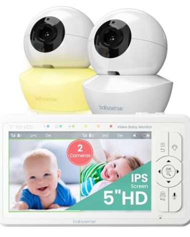 Babysense 5" HD Split-Screen Baby Monitor, Video Baby Monitor with 2 Cameras and Audio, Night Light, 1000ft Range, Two-Way Audio, 4X Zoom, Night Vision, 4000mAh Battery