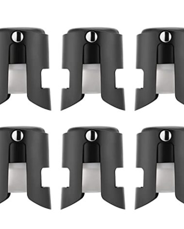 OUWO Champagne Sealer Stopper 6 Pack Stainless Steel Sparkling Wine Bottle Stoppers,Leak-Proof Bubble Retaining Saver,Suitable for Champagne Prosecco Cava and Sparkling (Black)
