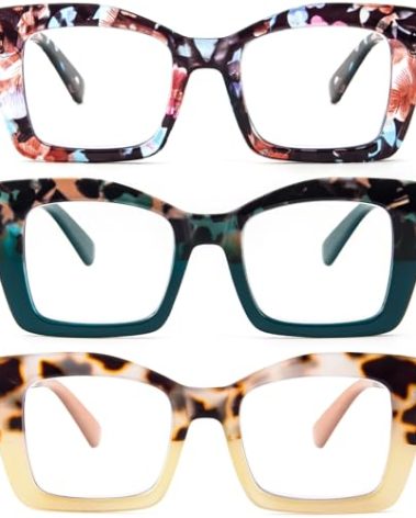 REAVEE 3 Pack Oversized Square Reading Glasses Oprah Style for Women, Blue Light Blocking Large Frame Computer Designer Fashion Readers with Spring Hinge (Flower/Blue/Green,1.25)