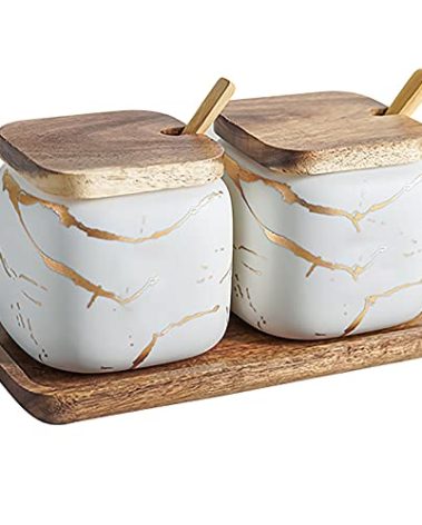 JFFLYIT 2 Sets of Marble Ceramic Sugar Bowl Ceramic Seasoning Jars with Wooden Lid and Wooden Spoon(White)