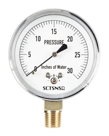 SCTSNSR 0 to 30 Inches of Water Column Pressure Gauge, Capsule Measurement System, 2.5 inch Dial, 1/4" NPT Lower Mount, Chrome Plated Case, for Gas Line, Regulator, Air, Low Pressure Test