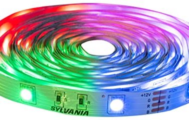 Sylvania 32ft RGB Flexible Light Strip Starter Kit, 16 Dimmable Colors with IR Remote Control, Power Adapter, Clips, White - 1 Pack (65636)
