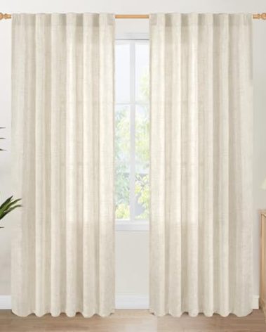 YoungsTex Linen Curtains 80 Inch Length for Living Room, Light Filtering Semi Sheer Drapes with Back Tab Rod Pocket for Bedroom Farmhouse Cream Textured Window Treatments, 2 Panels, 52 X 80 Inch