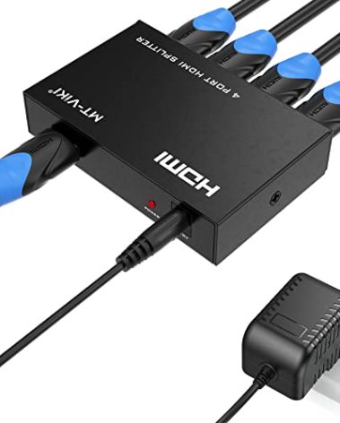 MT-ViKI HDMI Splitter 1 in 4 Out, 1x4 Power HDMI Splitter 4 Ports w/AC Adapter, 4Kx2K@30Hz 3D Full HD Distributor for PS4 Fire Stick HDTV