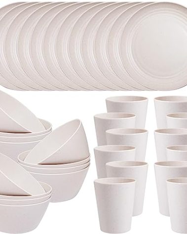 LIYH 36 Pcs Wheat Straw Dinnerware Set of 12, Plates and Bowls Set, Plastic Plates Reusable,Camping Plate Dishes,Dishwasher Safe Wheat Straw Plate (Beige)