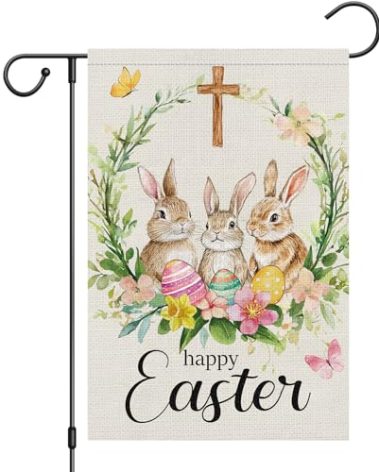 Heyfibro Happy Easter Bunnies Garden Flag 12x18 Double Sided Burlap, Easter Eggs Wreath Cross Small Yard Flag for Easter Holiday Farmhouse Yard Outdoor Decor(ONLY FLAG)