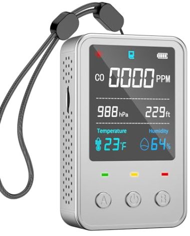 Gedsffati [5-in-1] Portable Carbon Monoxide Detector for Travel Mini CO Meter Integrated [CO Atmos Altitude Temperature Humidity Sensors] 6-Day Battery Life for Camping Climbing RV (Silvery)