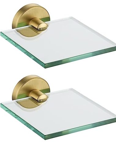 JQK Small Floating Glass Shelves Gold, 4 Inch Display Ledges for Wall, Mini Decor, Living Room Bedroom Bathroom, Tempered Glass Shower Storage, 2 Pack, TGS101L4-BG-P2