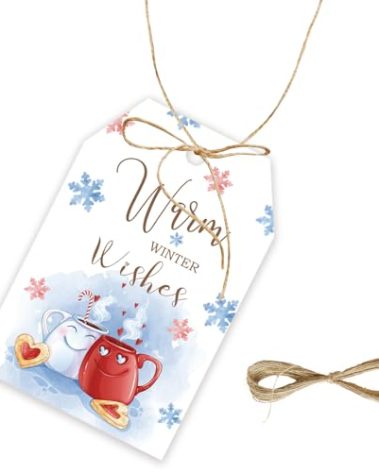 50pcs Warm Winter Wishes Thank You Tags, Winter Holiday Gift Tag with String for Christmas Party, Thank You Paper Tags for Christmas/Winter Wonderland Party Favors