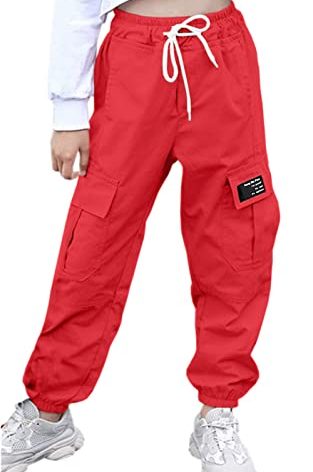 AOWKULAE Big Girls Cargo Pants, Drawstring Elastic Waist Loose Tapered Cargo Jogger Pants with Multi Pockets for Girl, A-Red, 7-8 Years = Tag 140