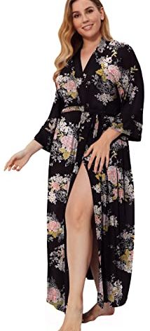 Women's Plus Size Cotton Kimono Robes Soft Long Knit Bathrobes Lightweight Sleepwear V-Neck Ladies Loungewear, 3X