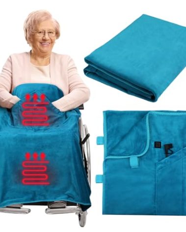 Hahafelt 12v Heated Flannel Wheelchair Blanket, Blue Portable Heated Throw for Elderly 2 Heating Zones, Camping Essentials, Elderly Gift