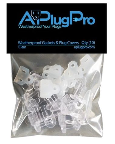 The Original Weatherproof Gaskets & Plug Covers - Made in USA, Outdoor Waterproof GFCI Protectors, Christmas Light Installation, Extension Cords, Stop GFCIs from Tripping (Clear, Qty 10) - by APlugPro