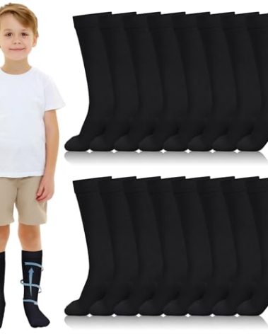 Shinymoon 8 Pairs Kids Compression Socks 15-20 Mmhg Knee Length Sock Calf Graduated Compression Stockings for Boys Girls(Black)