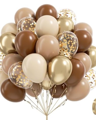60pcs Brown and Gold Balloons for Neutral Bridal Shower, Birthday, Baby Shower Party Decorations - Light Sand White Confetti Balloons