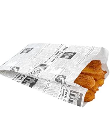 Bag Tek 4.9 x 3 x 8.7 Inch Snack Bags, 100 Greaseproof French Fry Bags - Durable, Microwavable, Newsprint Paper Treat Bags, Freezable, With Pinch Bottom And Side Gussets - Restaurantware