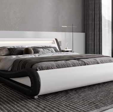 Allewie Queen Size LED Platform Bed Frame with Adjustable Headboard/No Box Spring Need/Easy Assembly/Faux Leather in White and Black