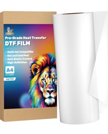 GEVANCY DTF PET Film Roll 8.3 inch × 328ft (A4)-double-sided Coated DTF Transfer Film with Anti-Static Layer for T-Shirt Printing, Matte, Cold/Hot Peel Compatible (8.27in*328ft Matte)