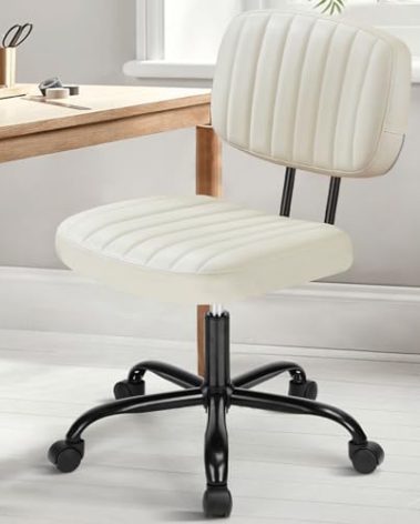 DUMOS Small Armless Home Desk Chair with Low Back Lumbar Support, Height Adjustable PU Leather Computer Task Chair with 360° Swivel Wheels, for Small Space, Kids and Adults, Beige White