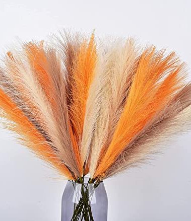 LSKYTOP Orange Pampas Grass Decor,23Inch 12pcs Faux Pampas Grass Bouquets Artificial Pampas Fake Pampas Flower for Home Living Room Bedroom Vase Decor