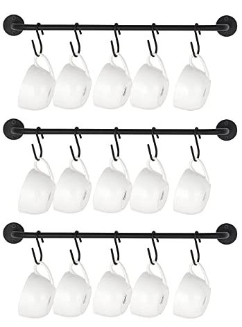 Mkono Mug Holder Wall Mounted Coffee Cup Rack Hanger Modern Metal Wall Rack with 15 Mug Hooks Rustic Utensil Tea Cups Storage Organizer for Kitchen Dining Room Coffee Bar, Set of 3, Black