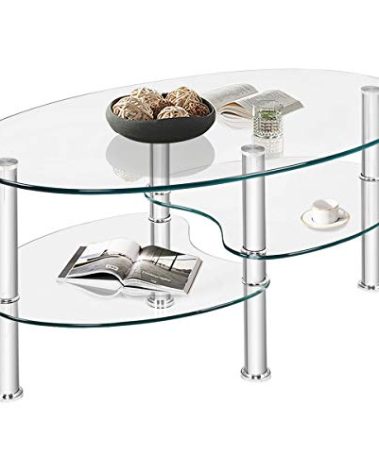 Casart Glass Coffee Table End Table 2 Tire for Home &Office with Sturdy Chrome Plated Legs Tea Table (Clear)