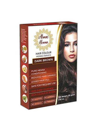 Almas Henna 80 GRAM 100% Organic Hair Color Powder Infused with Herbs, Natural Henna for Soft Shiny Hair (2.82 OUNCE, DARK BROWN)
