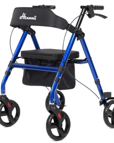 Henmnii Walker for Seniors, Lightweight Rollator Walker with seat, Foldable Rolling Walker with 8 inch All Terrain Rubber Wheels, Ergonomic Adjustable Handles and Backrest for Seniors and Adult.
