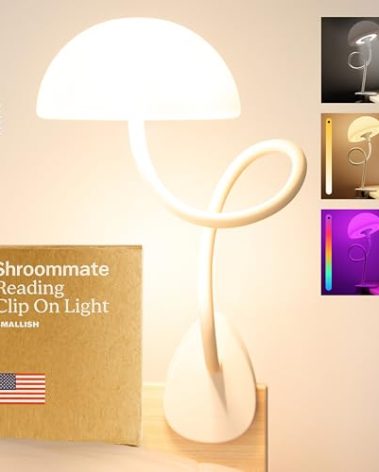 Shroommate Clip On Light and Bed Headboard Lamp, Bedside Table Lamp for Dorm, College Dorm Room Essentials, Night Light for Kids Nursery, Clip on for Desk, MultiColor LEDs, Adapter Included (White)