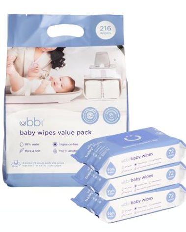 Ubbi Fragrance-Free Baby Wipes, 99% Water Based, Plant Based Wipes, Hypoallergenic for Sensitive Skin with Chamomile, Vitamin E & Aloe, EWG Verified, Value Pack, 3 Pack (216 Wipes Total)