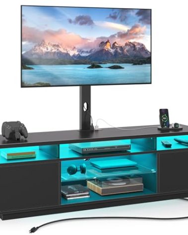 Rolanstar TV Stand with Mount and Power Outlet 59.1", Swivel TV Stand Mount for 32/45/55/60/65/70 inch TVs, Height Adjustable Modern Entertainment Center with Storage & LED Lights, Black TV Table