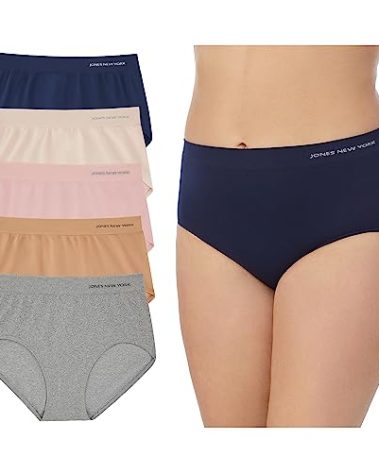 Jones New York Underwear for Women Modern Brief Full Coverage Seamless Stretch Comfort Panties - 5 Pack Multipack - Heather Grey/Dark Nude/Pink Dust/Natural/Navy, Large