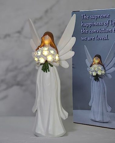 Starryfill 11.8"(H) Angel Figurine with Switch Remote Controller, Hand-Painted Angel Statue Hold 10 LED Warm White Lights Blue Flower for Mother Women Memory Gifts Home Decor