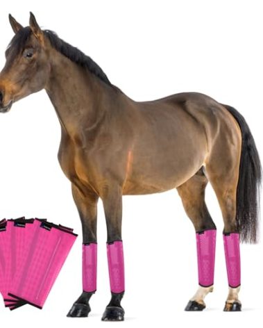 FOXLVDA Horse Fly Boots - Fly Boots for Horses Set of 4, Comfortable Horse Leggings, Mesh Material Design with Metal Support Bars for Reduces Stomping & Leg Fatigue (Pink, Large)