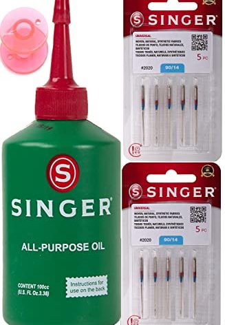 Singer All Purpose Sewing Machine Oil, 3.38-Fluid Ounce, and 10 Counts of Singer Sewing Machine Needles 2020 Red Band Size 14/90 Bundle with Inceler Brand Plastic Bobbin