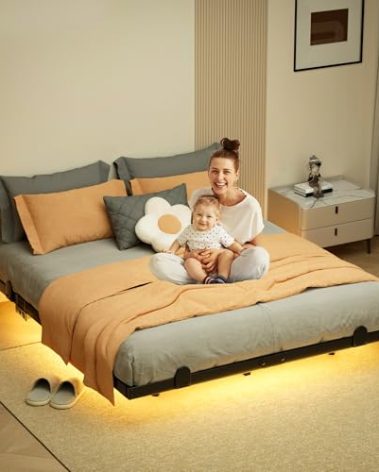 LUKIROYAL Floating Bed Frame with Smart LED Lights and Charging Station, 7 Inch Queen Size Floating Beds, LED Bed Frame,Queen Bed Frame with Lights, No Box Spring Needed, Easy to Assemble