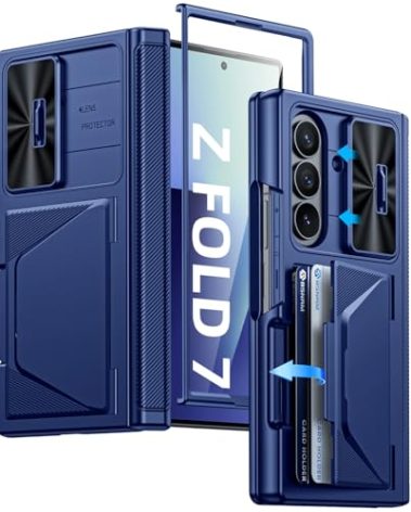BSNRM for Samsung Galaxy Z Fold 7 Case with Card Holder RFID Blocking, Built in Slide Lens Cover & Hinge Protection & Screen Protector, Shockproof Wallet Case for Z Fold 7 (Sapphire Blue)