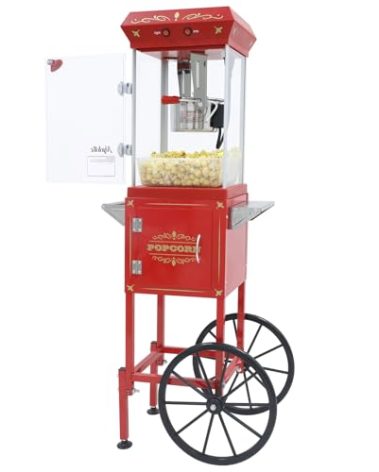 Nyddle Popcorn Machine Maker With 8 Oz Kettle Makes Up to 32 Cups Popcorn Machine Cart Vintage-Style Popper on Wheels Popcorn Machines for Home (Red)