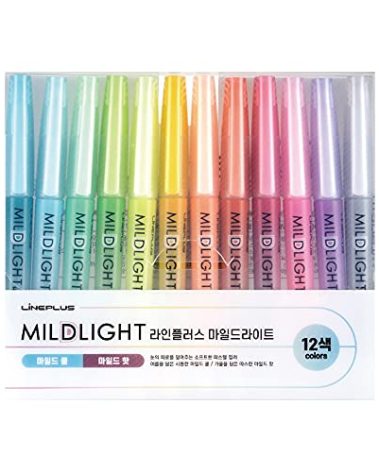 LINEPLUS Mildlight Highlighter Set - Made in Korea | 12 Soft Pastel Colors for Eye-Friendly Highlighting & Note-Taking | Smudge-Free, Quick-Dry Ink | Ideal for Journaling, Study & Office Use