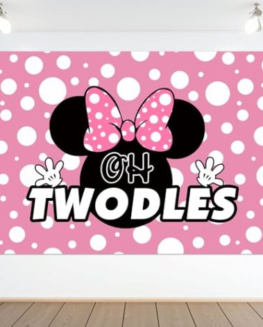 Oh Twodles Backdrop Banner Pink Cartoon Happy 2nd Birthday Theme Party Decorations Cheer to Two Years Old Photography Background Supplies for Girls