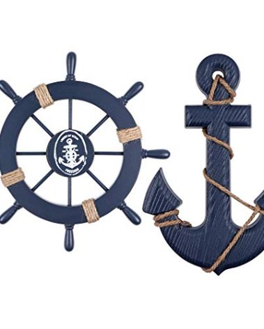 MDLUU Wooden Nautical Ship Steering Wheel, Small Ship Rudder and Anchor Wall Decor Set, 11" Navy Blue Helm Wheel Beach Theme Hanging Ornament