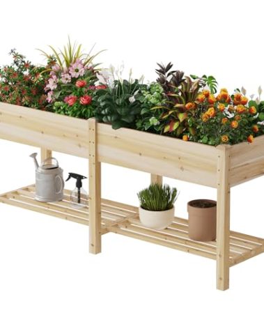 PULIJIAJU Wooden Raised Garden Bed, Planter Box with Legs, Garden Planter with Divider Bag for Backyard, Patio, Balcony, Planter Stand Box for Herbs and Vegetables(Natural-L)