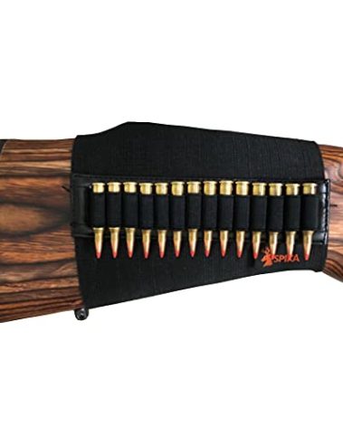 SPIKA Rifle Buttstock Shell Holder, 14 Rounds Rifle Cheek Riser Stock Ammo Pouch .17 .22 Bullet Holder with Nylon Leather