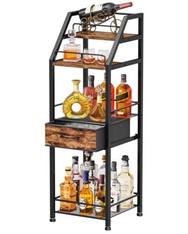 HapiRm Wine Rack Freestanding Floor - 4-Tier Stepped Liquor Cabinet Bar Stand for Home with Fabric Drawer, Wine & Glass Organizer for Living Room, Kitchen, or Dining Room