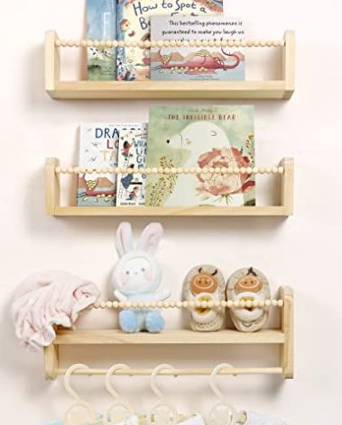 Maxpeuvon Nursery Floating Shelves for Wall, Set of 3 Book Shelves Natural Wood Wall Mounted Organizer with Towel Bar Hanging Bookshelves Nursery Decor for Kids Room, Bedroom and Kitchen