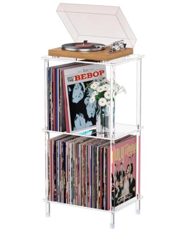 Bkemiy Acrylic Record Player Stand, 3-Tier Clear Turntable Table with Vinyl Record Storage, 15.75" L x 11.81" W x 30.7" H, Modern Side Table/End Table