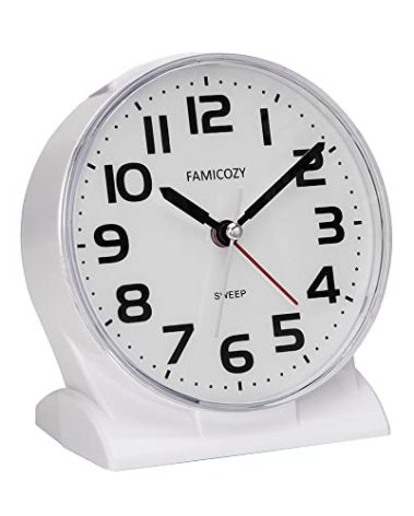 FAMICOZY 4.5" No Ticking Analog Alarm Clock,Silent Readable for Seniors,Easy to Set,Gradual Rise Alarm,Big Numbers,On/Off Switch on Side,Gentle Wake,Snooze Soft Backlight,Battery Operated,White