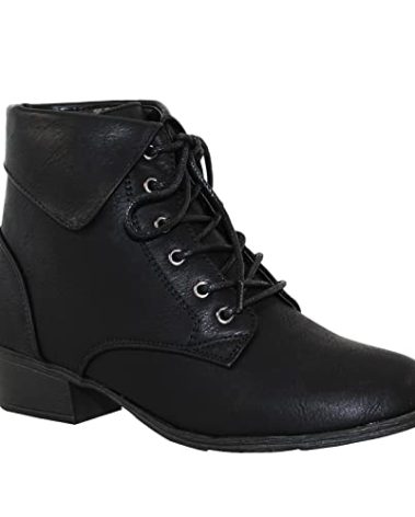 TOP Moda EC89 Women's Foldover Lace Up Low Chunky Heel Ankle Booties (8, Black)